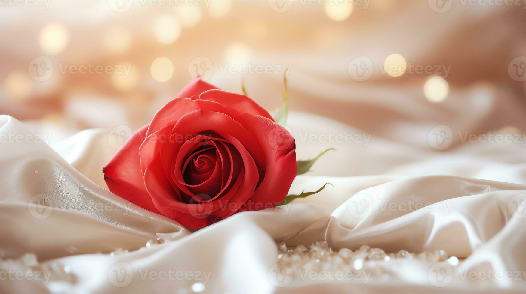 AI generated Red rose on the silk bedsheet. Happy Valentine's Day greeting card concept. AI generated image photo