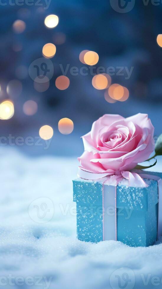 AI generated Pink rose and a blue gift box with white bow. Happy Valentine's Day greeting card concept. AI generated image photo