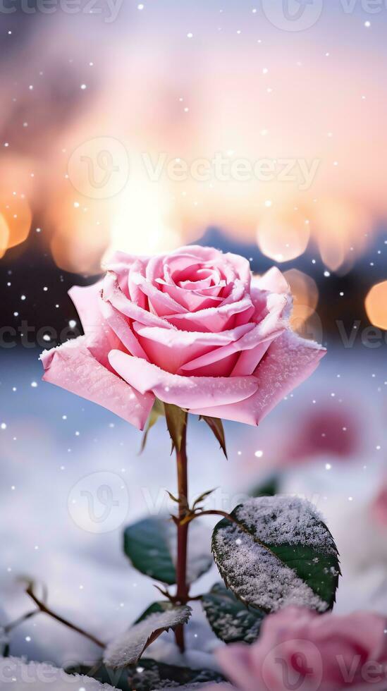 AI generated Pink rose and a red velvet jewellery box. Happy Valentine's Day greeting card concept. AI generated image photo