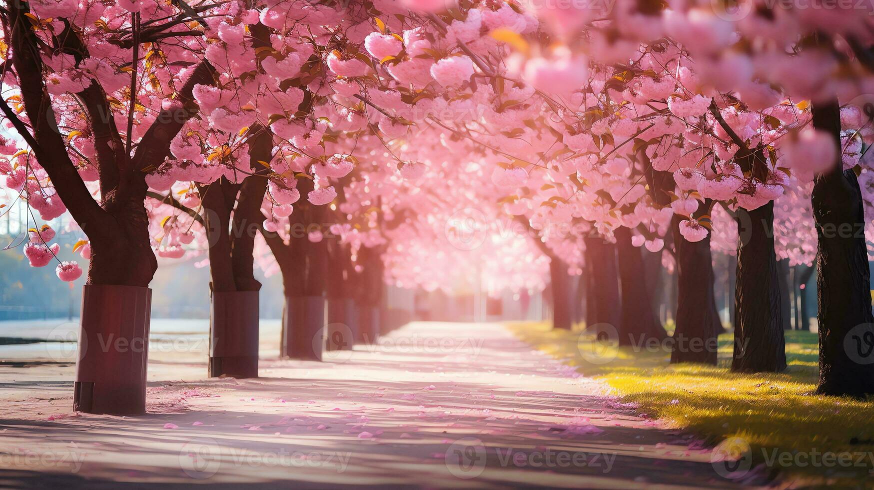 AI generated Alley with pink sakura trees, bright sunny day. AI generated image photo