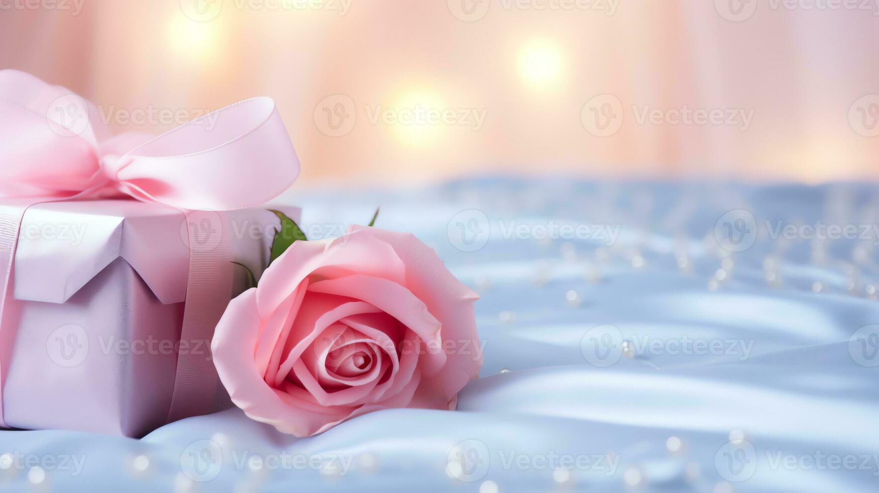 AI generated Pink rose and a blue gift box with white bow. Happy Valentine's Day greeting card concept. AI generated image photo