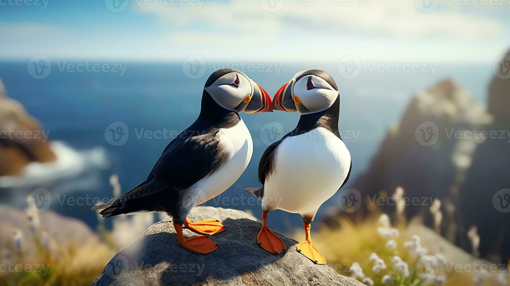 AI generated Two super cute puffins bird couple in love. AI generated image photo