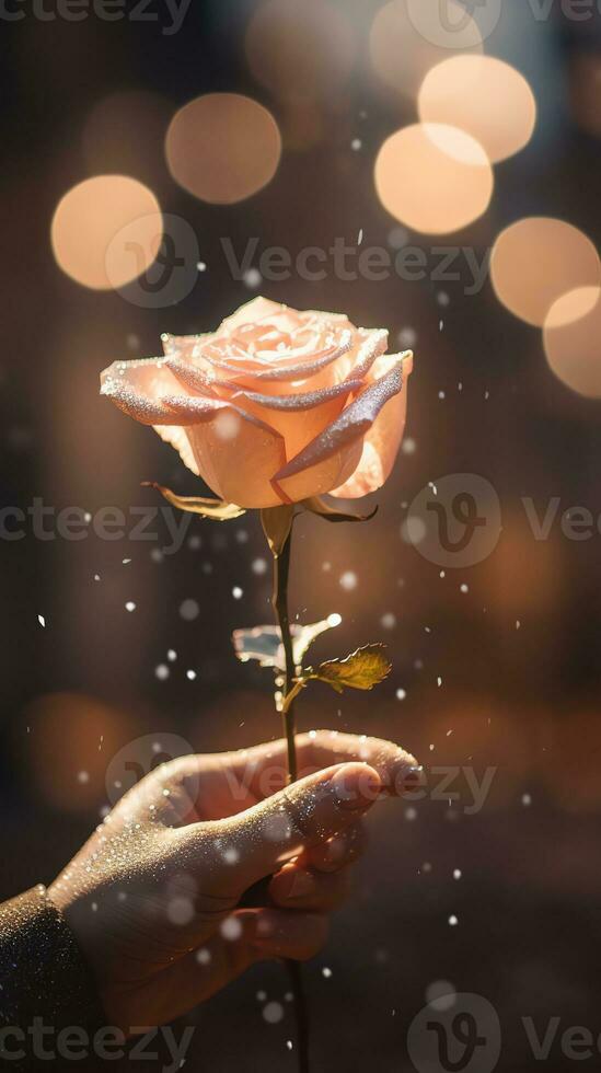 AI generated Man hand holding a rose, soft champagne color background with bokeh. Happy Valentine's day card concept. AI generated image photo
