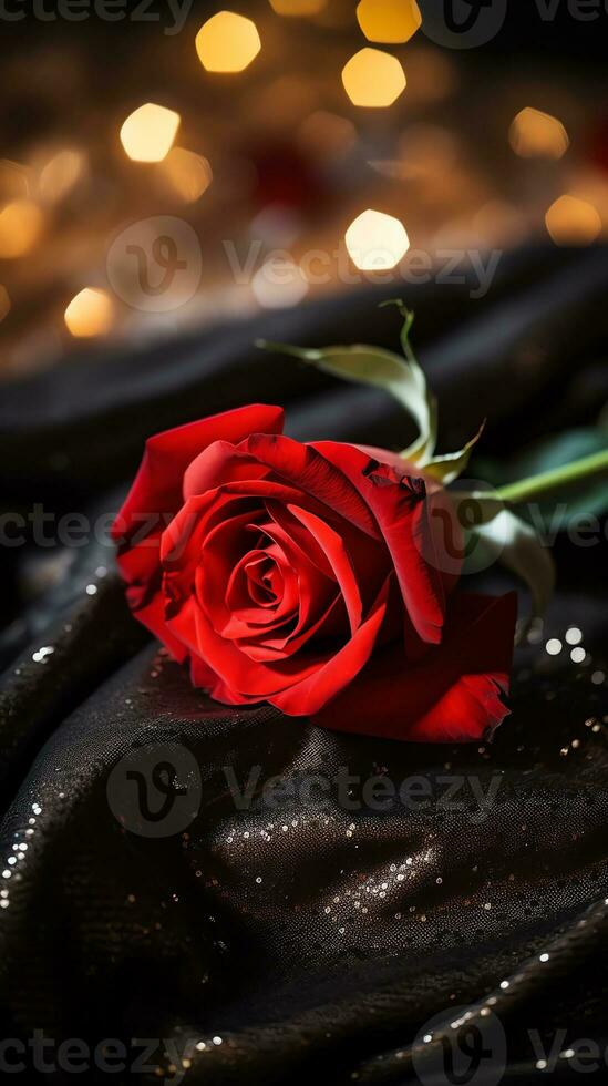 AI generated Red rose on the silk bedsheet. Happy Valentine's Day greeting card concept. AI generated image photo