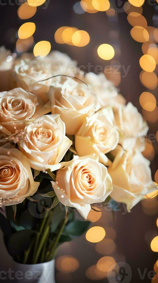 AI generated Bouquet of champagne color roses. Happy Valentine's day greeting card concept. AI generated image photo