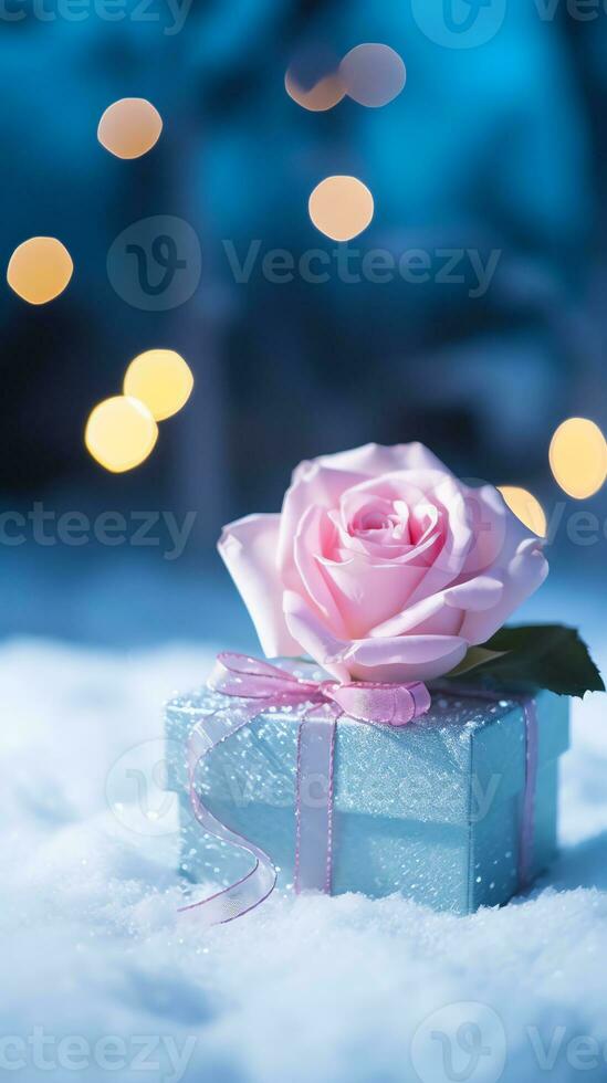 AI generated Pink rose and a blue gift box with white bow. Happy Valentine's Day greeting card concept. AI generated image photo