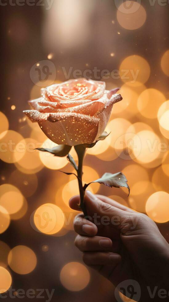 AI generated Man hand holding a rose, soft champagne color background with bokeh. Happy Valentine's day card concept. AI generated image photo