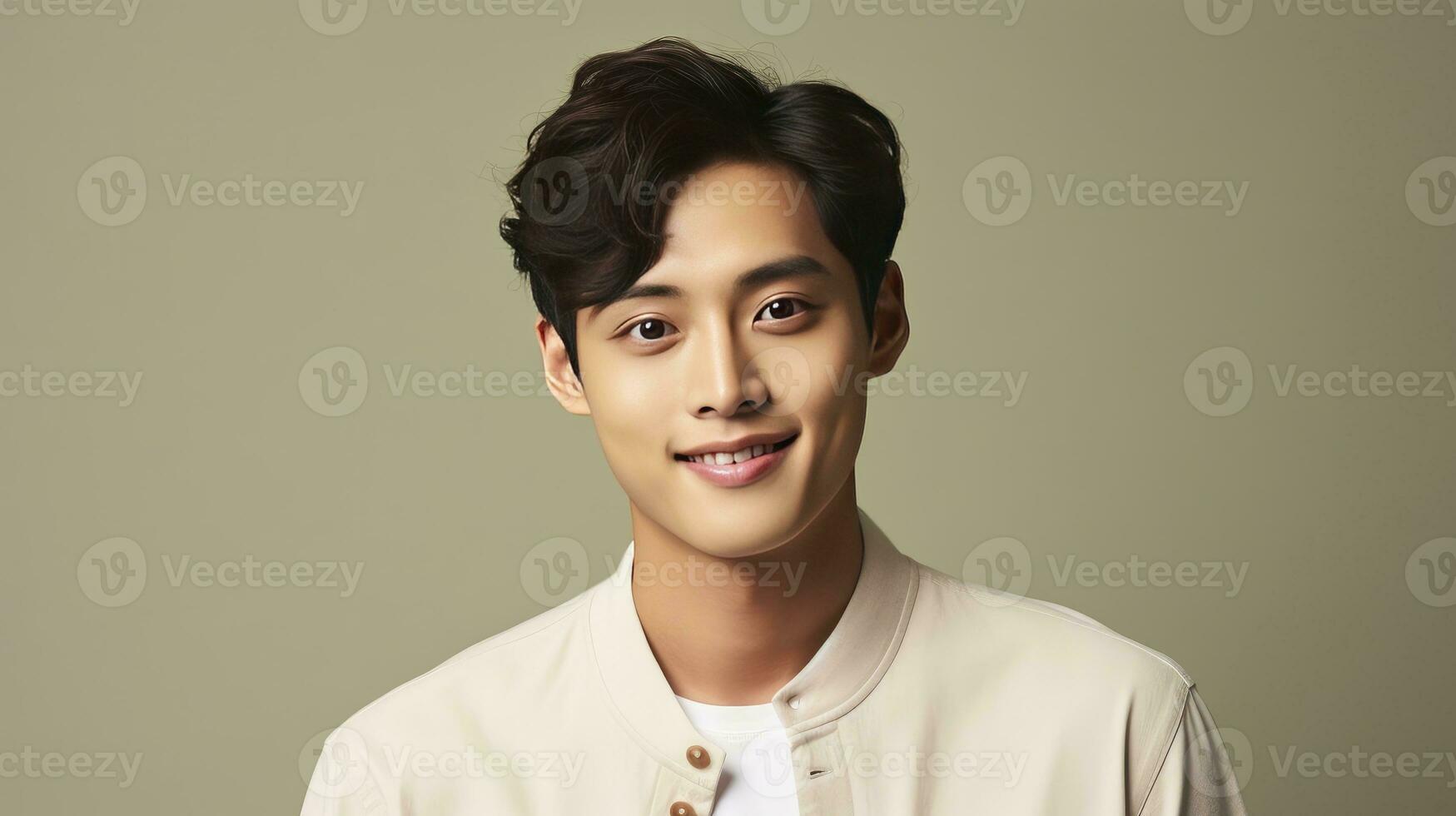 AI generated Portrait of a fictional young Korean man Isolated on solid background. photo
