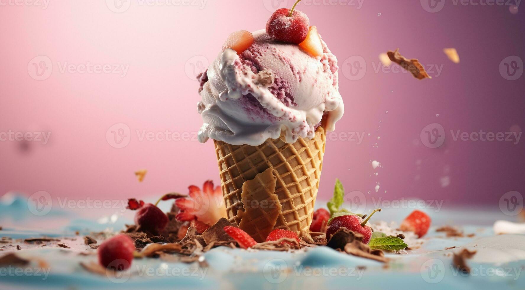 AI generated sweet ice cream on abstract background, colored delicious ice cream on background, colored background, ice cream on colorful background photo