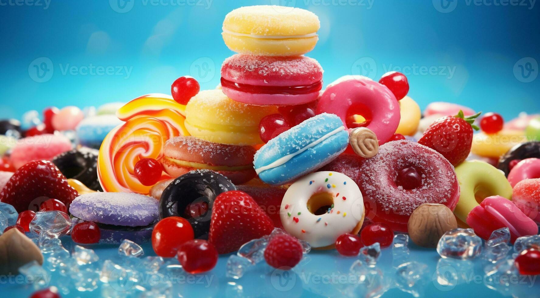 AI generated colored sweets on abstract background, colored candy on background, sweet cookies on colorful background, sweets wallpaper photo