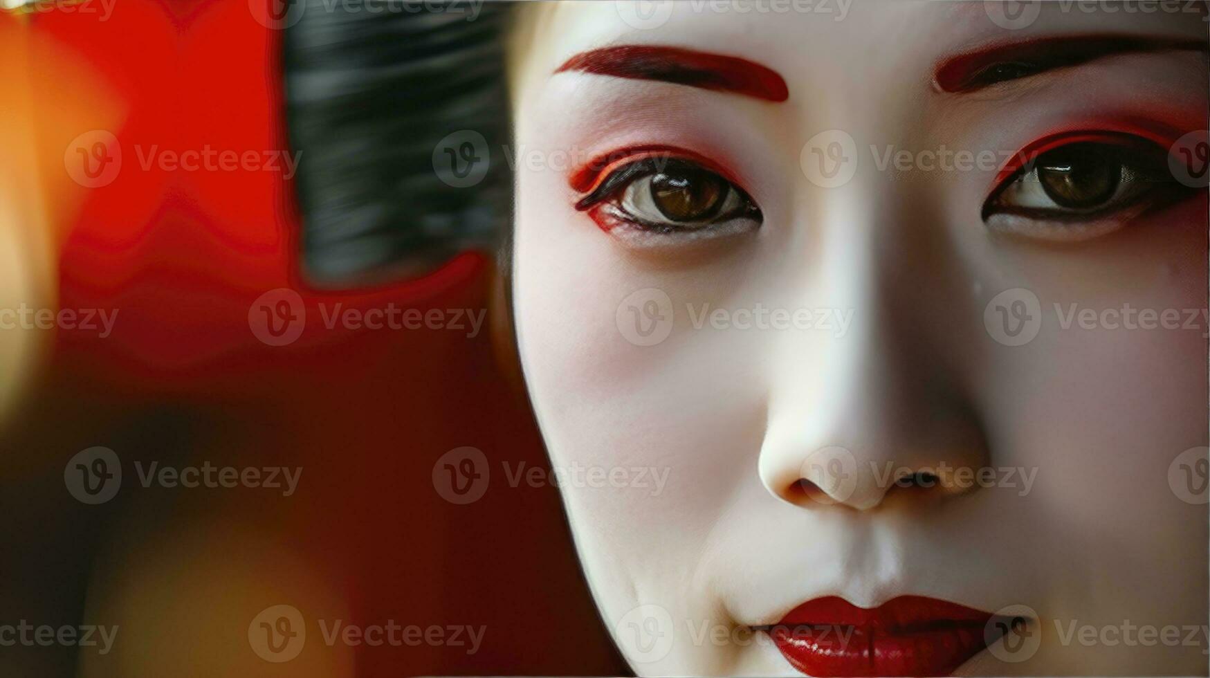 AI generated A Close-up of a Geisha's Face in Japan, Captivating Beauty, tradition, elegance and mystique, blured backgound with space to text. photo