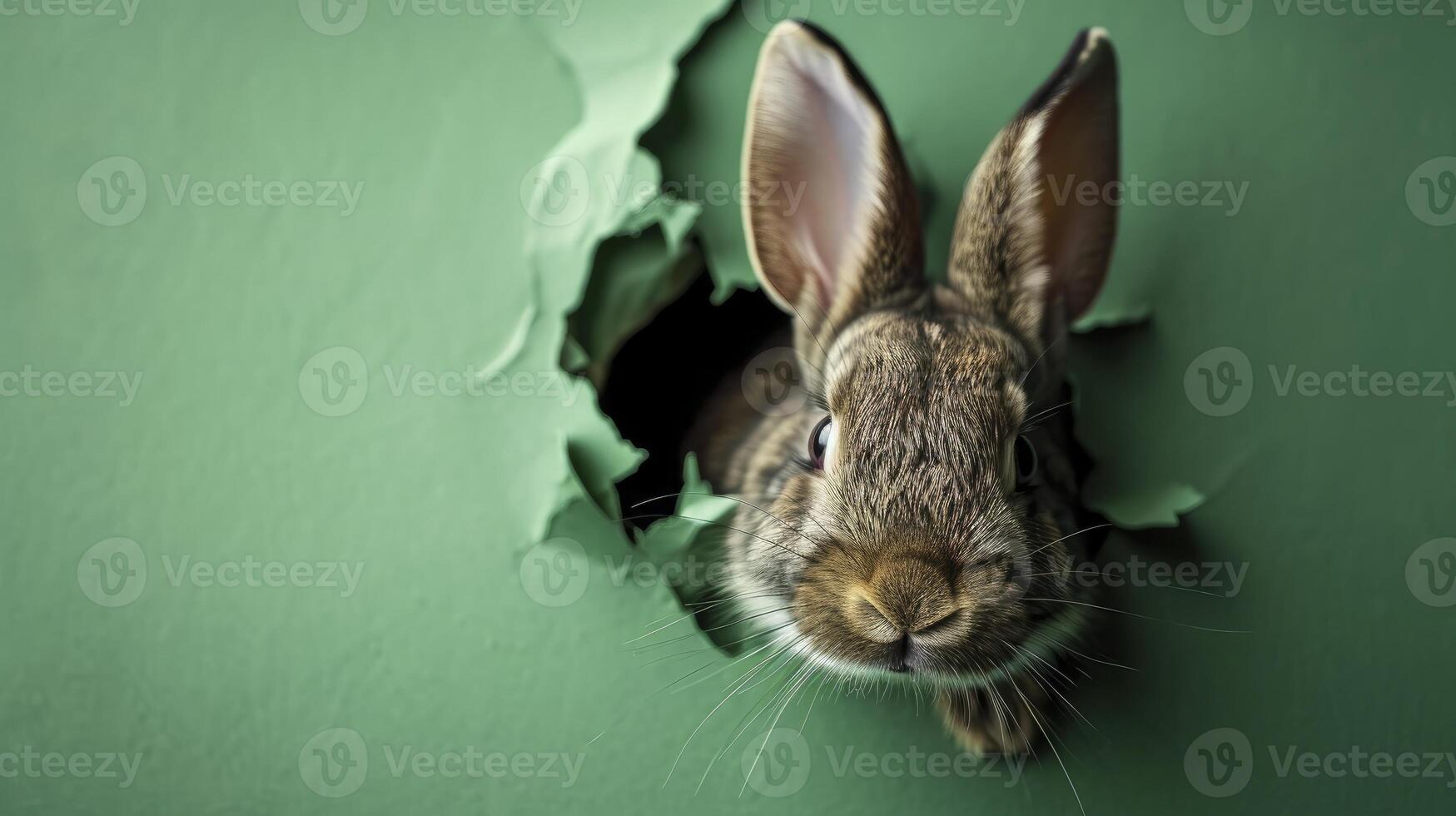 AI generated Bunny peeking out of a hole in paper, fluffy eared bunny