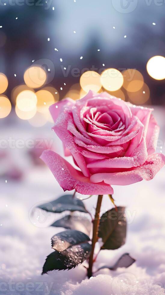 AI generated Pink rose and a red velvet jewellery box. Happy Valentine's Day greeting card concept. AI generated image photo