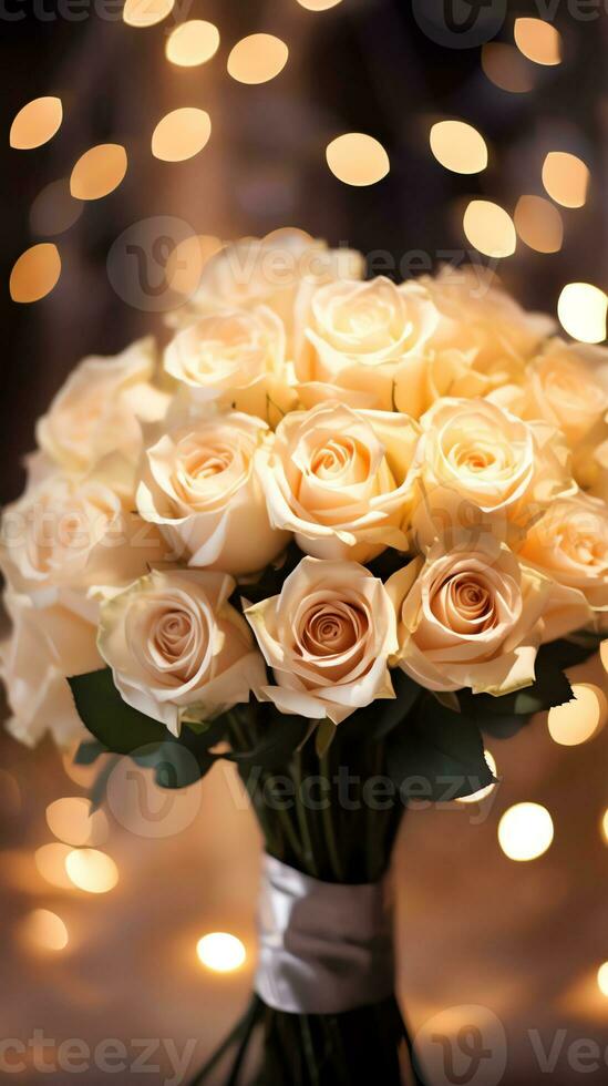 AI generated Bouquet of champagne color roses. Happy Valentine's day greeting card concept. AI generated image photo