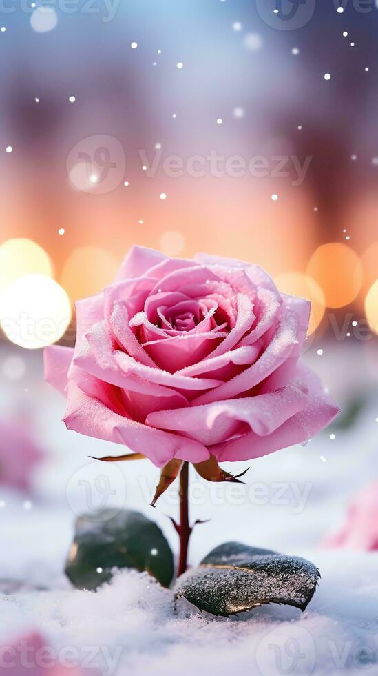 AI generated Pink rose and a red velvet jewellery box. Happy Valentine's Day greeting card concept. AI generated image photo