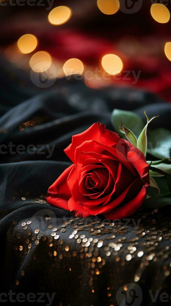 AI generated Red rose on the silk bedsheet. Happy Valentine's Day greeting card concept. AI generated image photo
