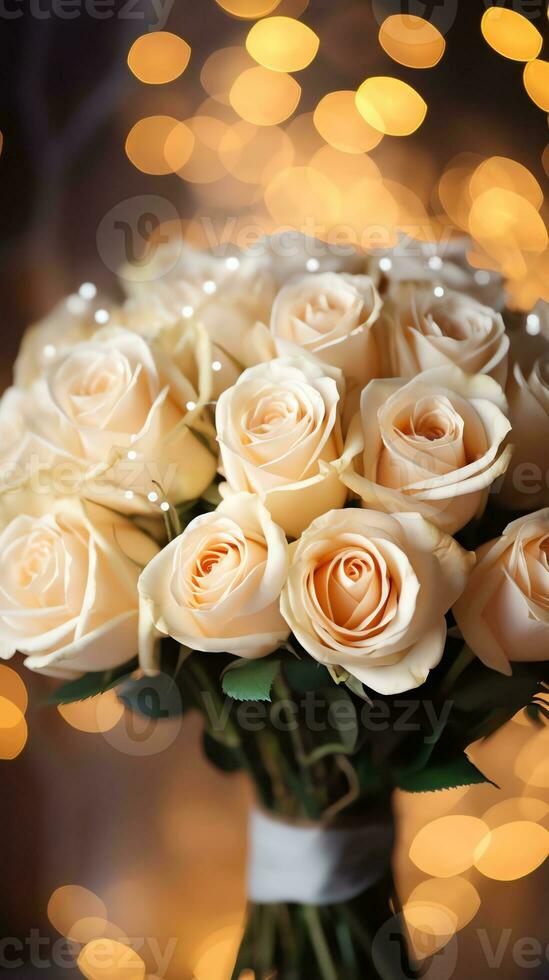 AI generated Bouquet of champagne color roses. Happy Valentine's day greeting card concept. AI generated image photo