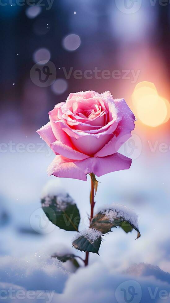 AI generated Pink rose and a red velvet jewellery box. Happy Valentine's Day greeting card concept. AI generated image photo
