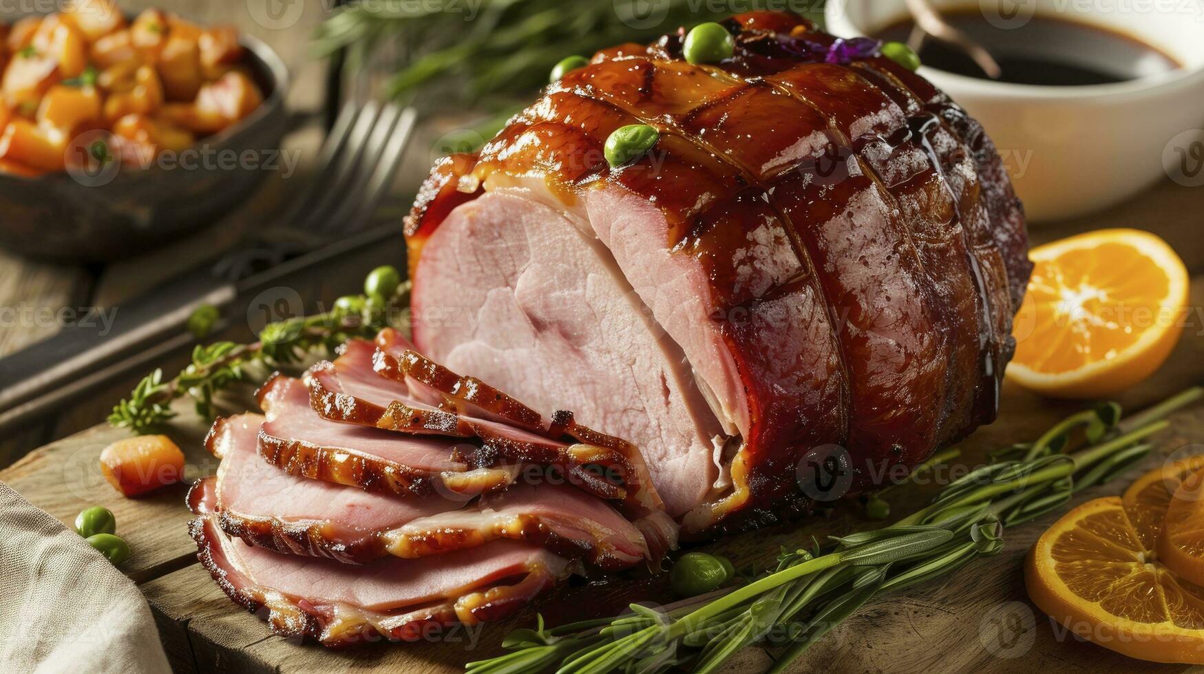 AI generated Homemade, warm, steaming Glazed Easter Spiral Cut Ham photo