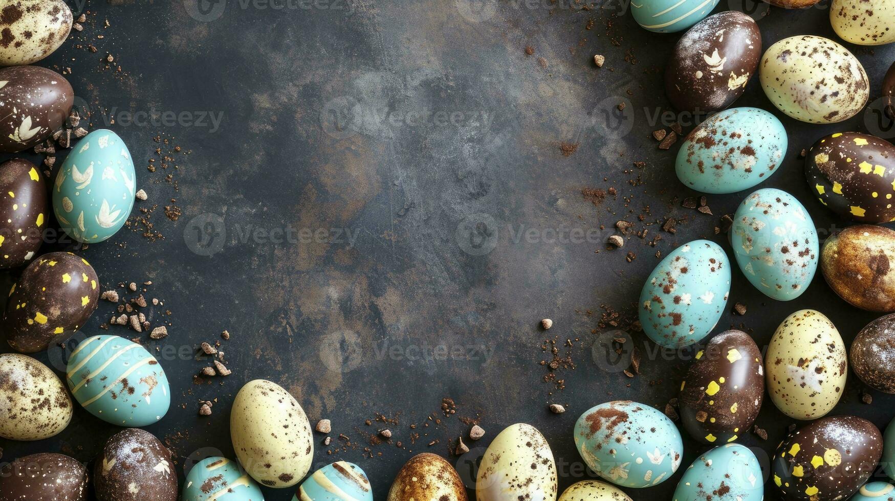 AI generated Top down view of an Easter border frame of robin's eggs and chocolate eggs with copy space in the middle photo