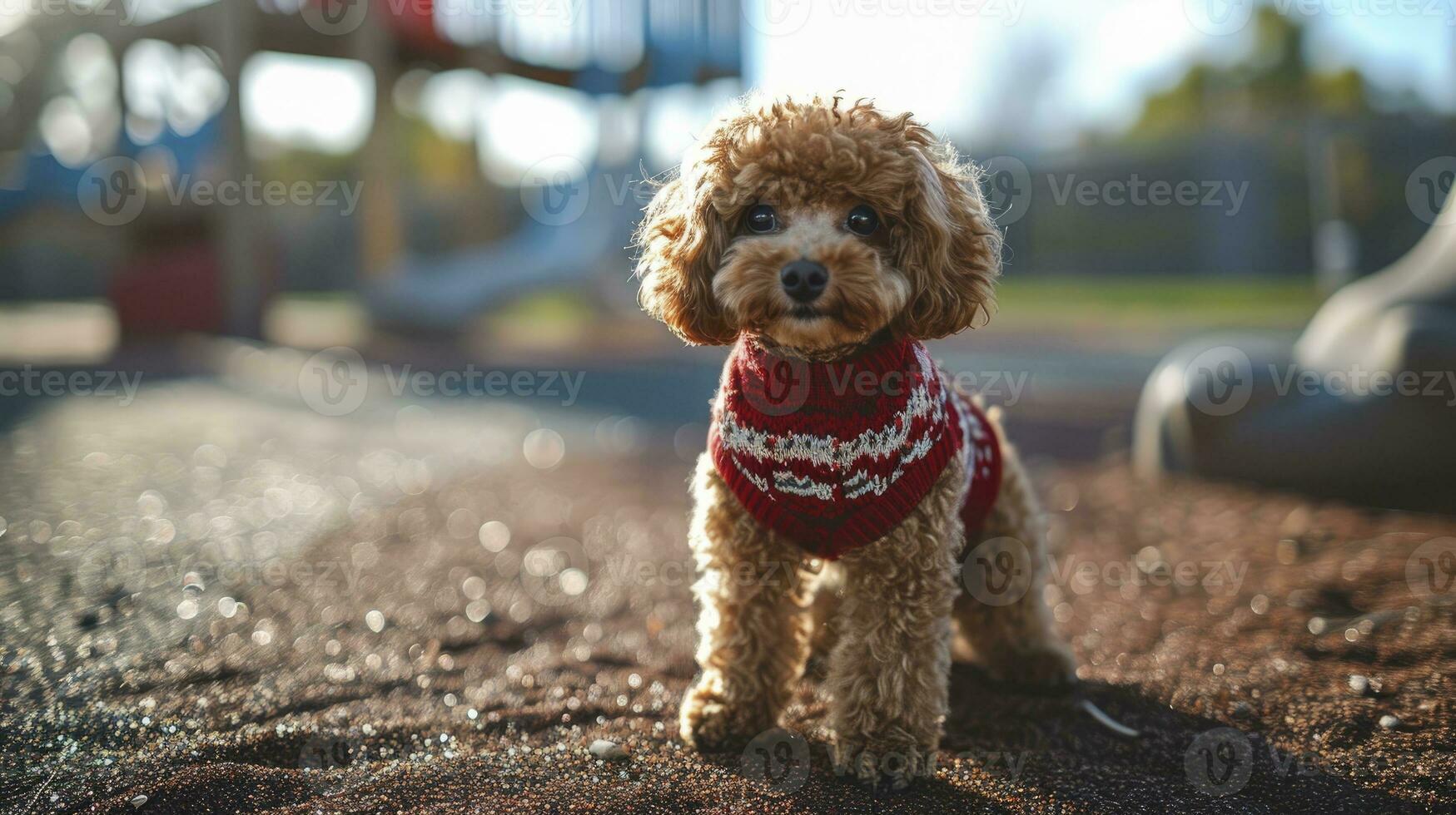 AI generated An adorable smile brown toy poodle taking a picture in the school playground wearing puppy dressed Red and white sweater photo