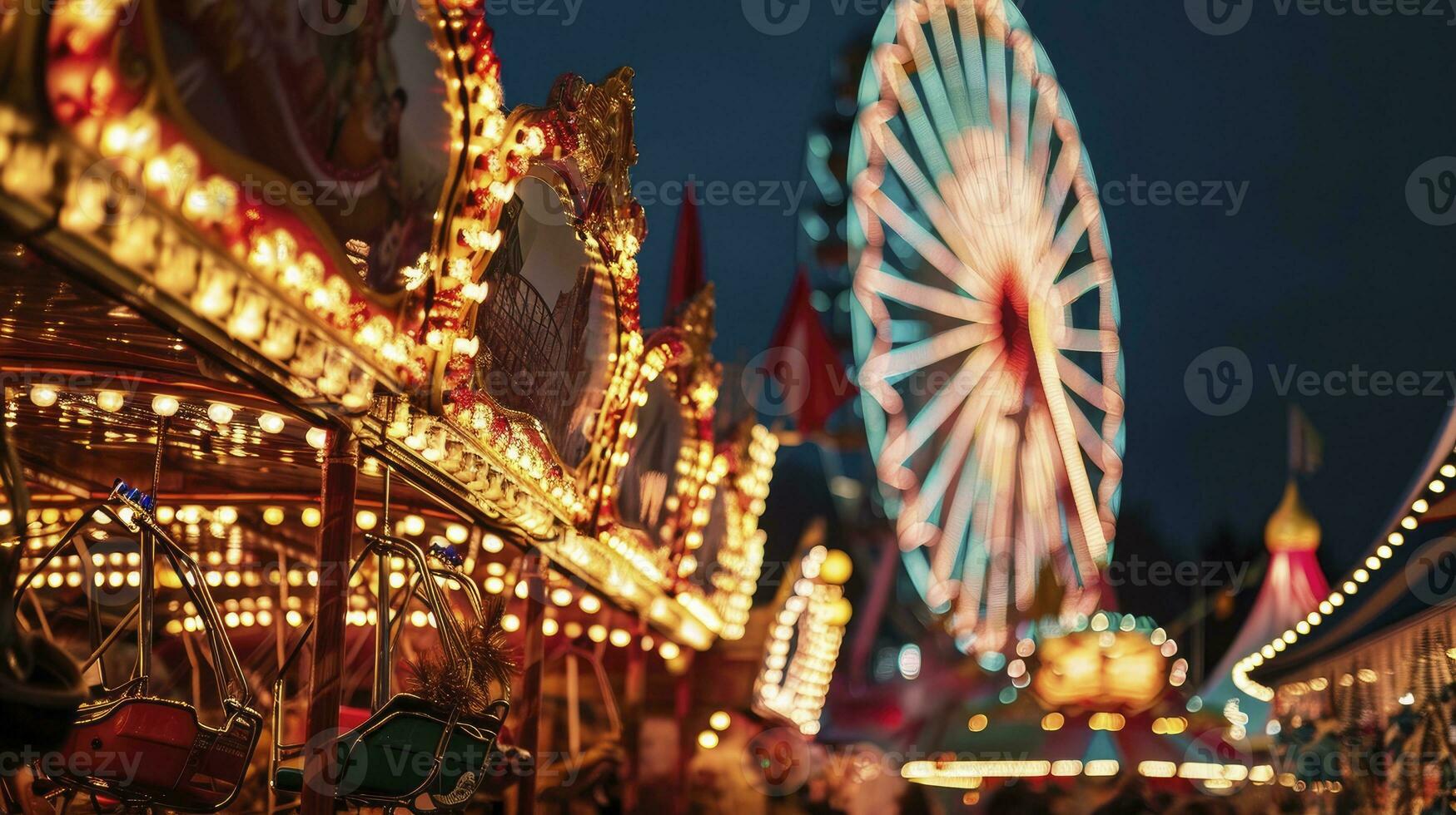 ai generado parque de atracciones y carnaval paseos y atracciones brillante a noche. foto