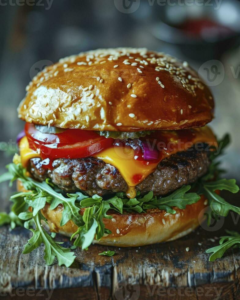 AI generated A beautiful burger with beef, American cheese, latus vegetable and tomato on a wooden table photo