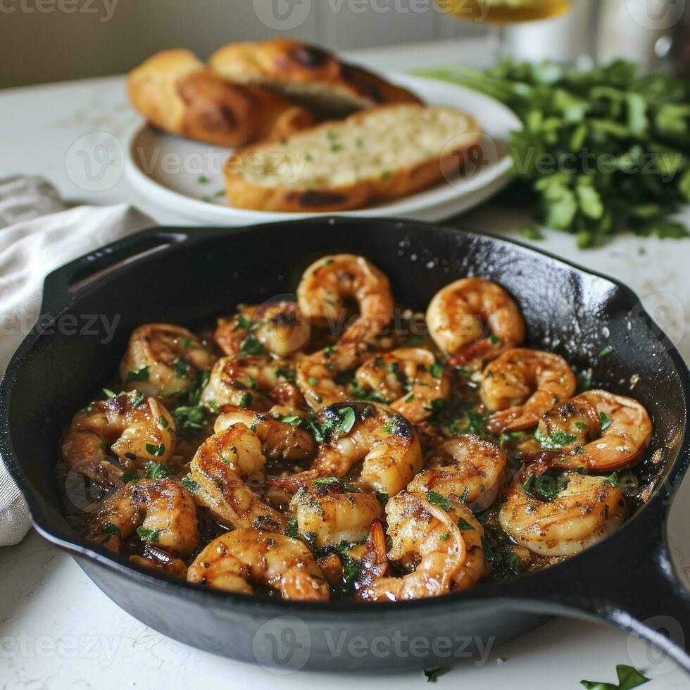 AI generated A cast iron skillet with garlic shrimp, on a white countertop. Behind the skillet is a plate with a portion of shrimp and bread photo