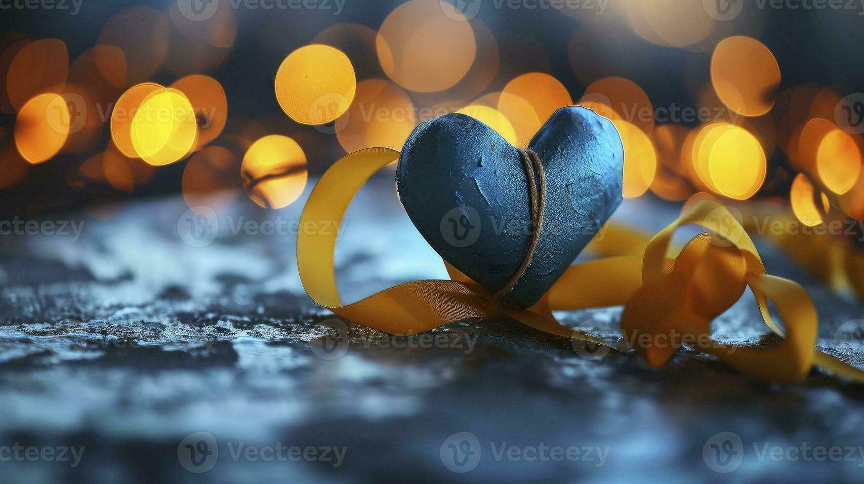 AI generated Blue heart, yellow ribbon wrapping around the heart, on bokeh background. photo