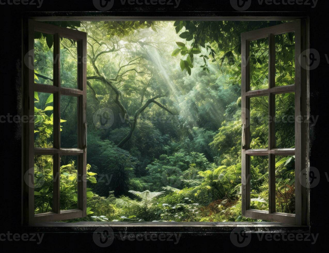 AI generated Modern house open window view forest background photo