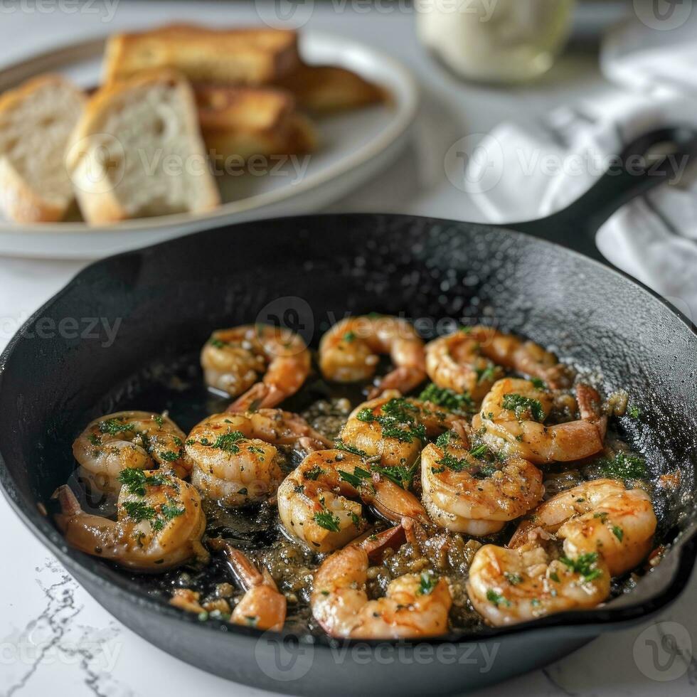 AI generated A cast iron skillet with garlic shrimp, on a white countertop. Behind the skillet is a plate with a portion of shrimp and bread photo