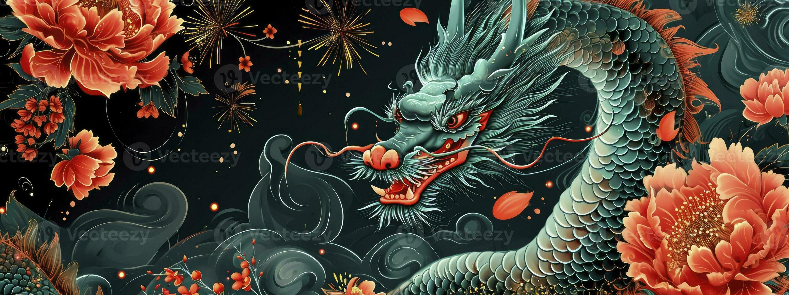 AI generated Year of the Dragon. Chinese New Year. Congratulatory banner with green dragon, red flowers and fireworks. photo