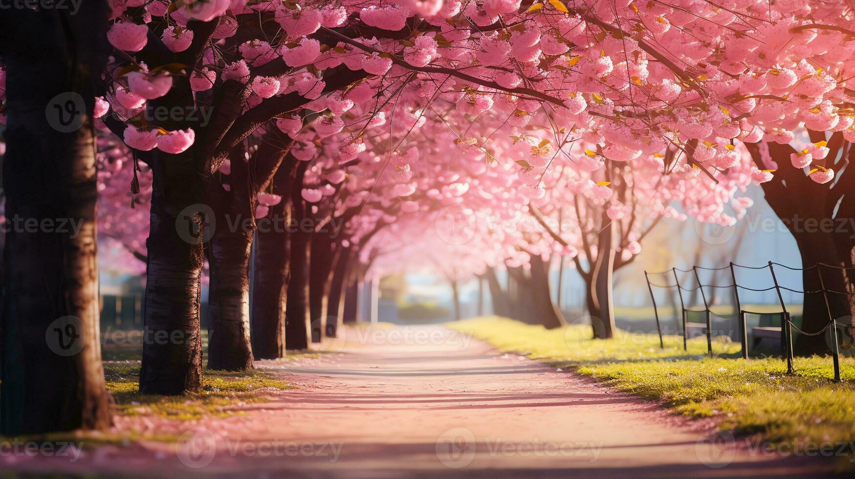 AI generated Alley with pink sakura trees, bright sunny day. AI generated image photo