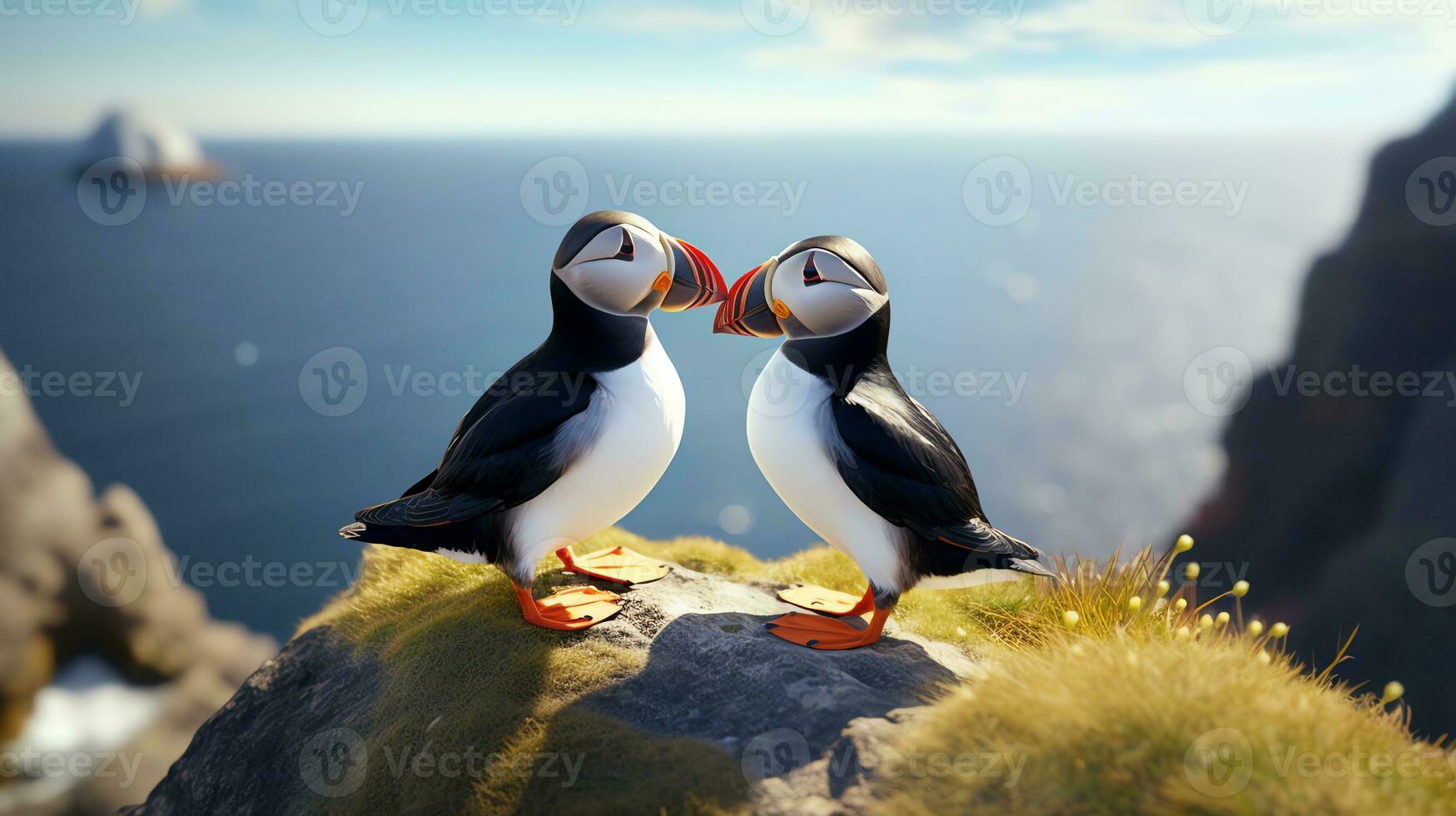 ai generado dos súper linda frailecillos pájaro Pareja en amor. ai generado imagen foto