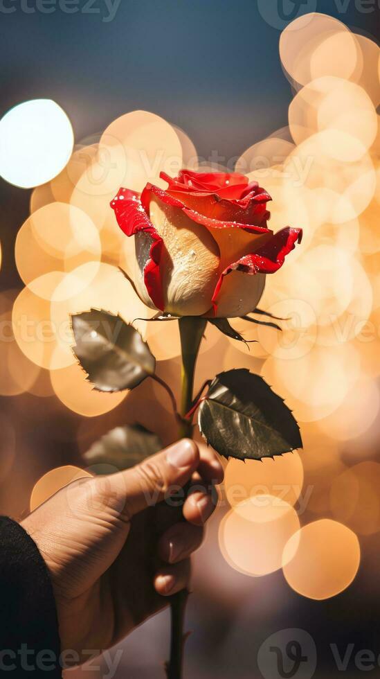 AI generated Man hand holding a rose, soft champagne color background with bokeh. Happy Valentine's day card concept. AI generated image photo