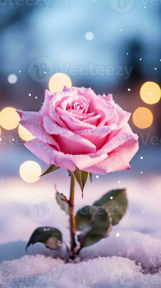 AI generated Pink rose and a red velvet jewellery box. Happy Valentine's Day greeting card concept. AI generated image photo