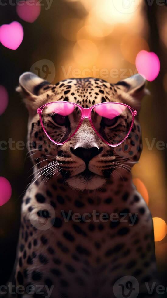 ai generado súper linda leopardo en amor vistiendo corazón forma rosado lentes. contento San Valentín día saludo tarjeta concepto. ai generado imagen foto