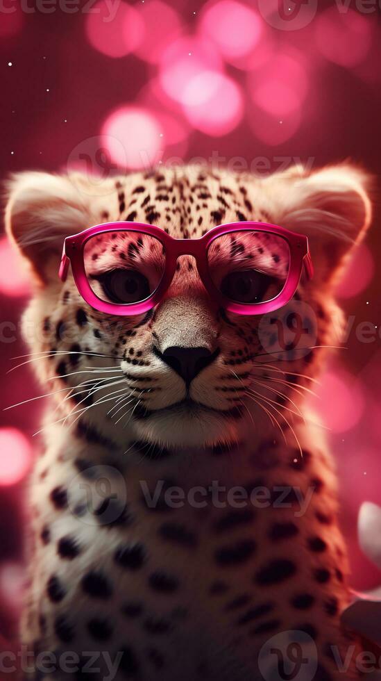 AI generated Super cute cheetah in love wearing heart shape pink glasses. Happy Valentine's day greeting card concept. AI generated image photo