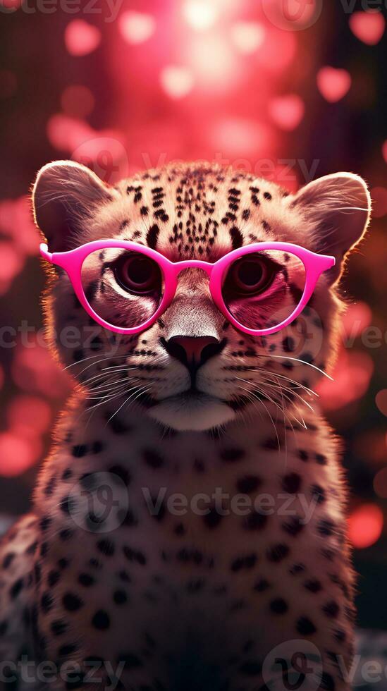 AI generated Super cute cheetah in love wearing heart shape pink glasses. Happy Valentine's day greeting card concept. AI generated image photo