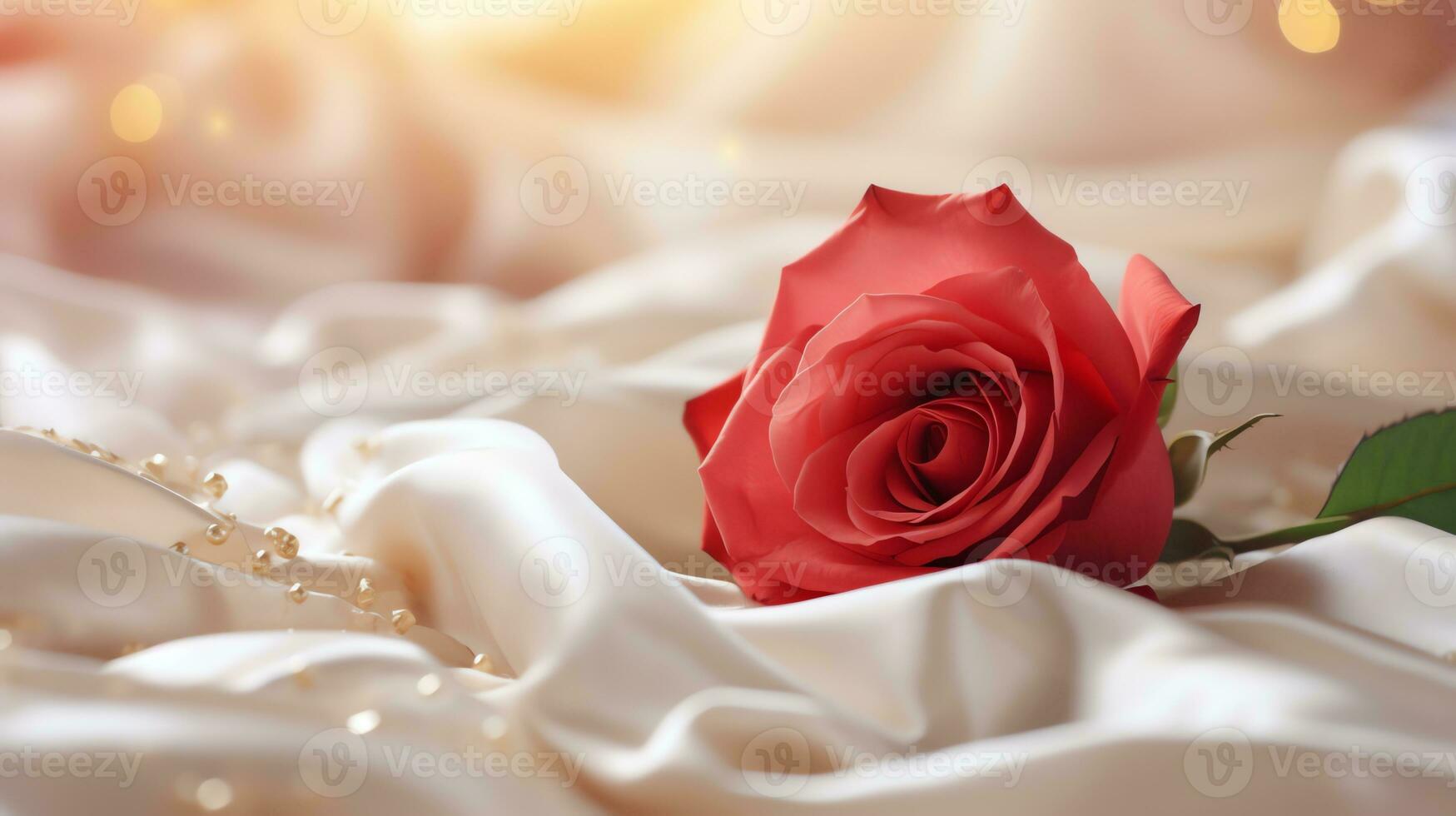 AI generated Red rose on the silk bedsheet. Happy Valentine's Day greeting card concept. AI generated image photo