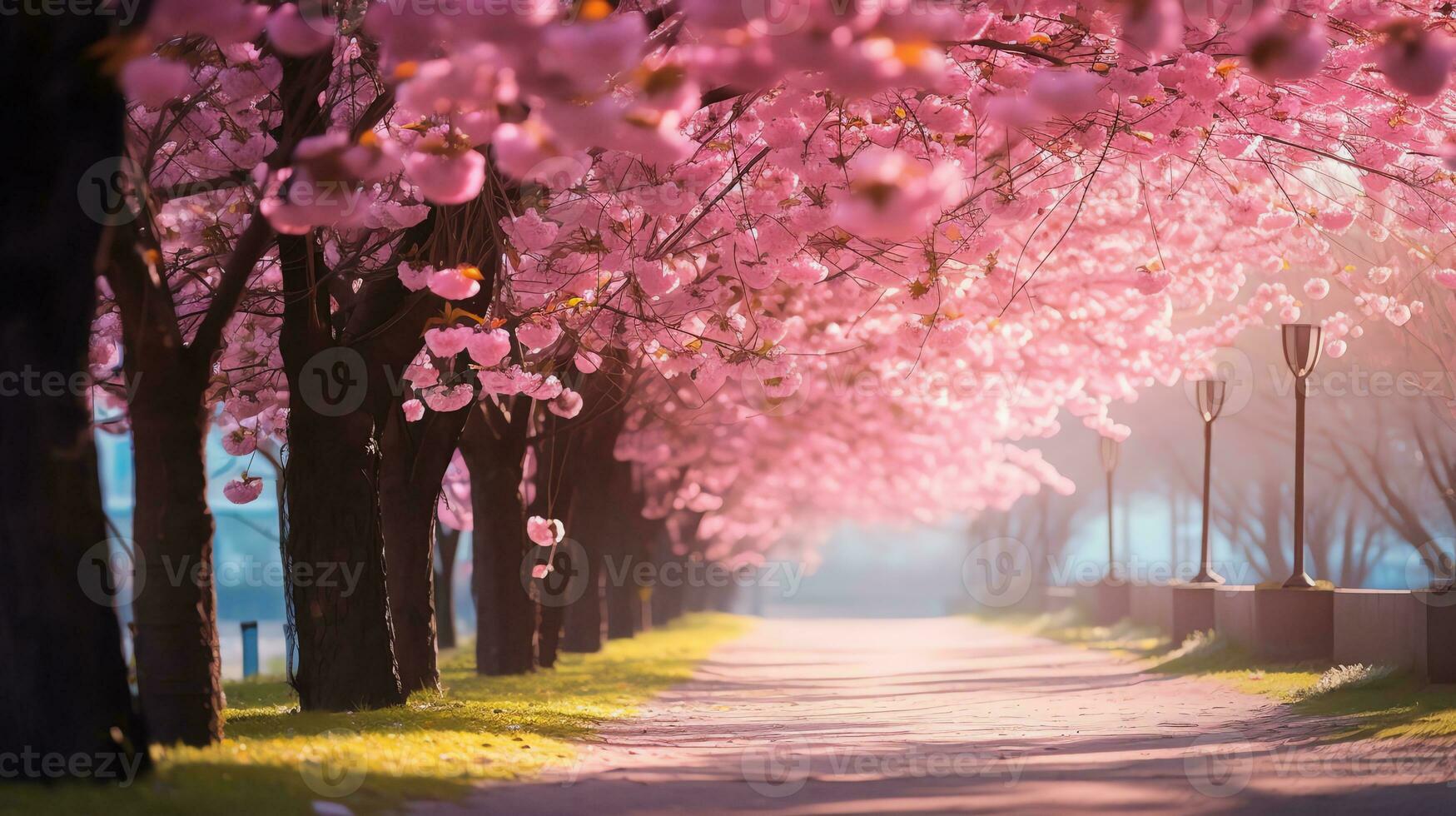 AI generated Alley with pink sakura trees, bright sunny day. AI generated image photo