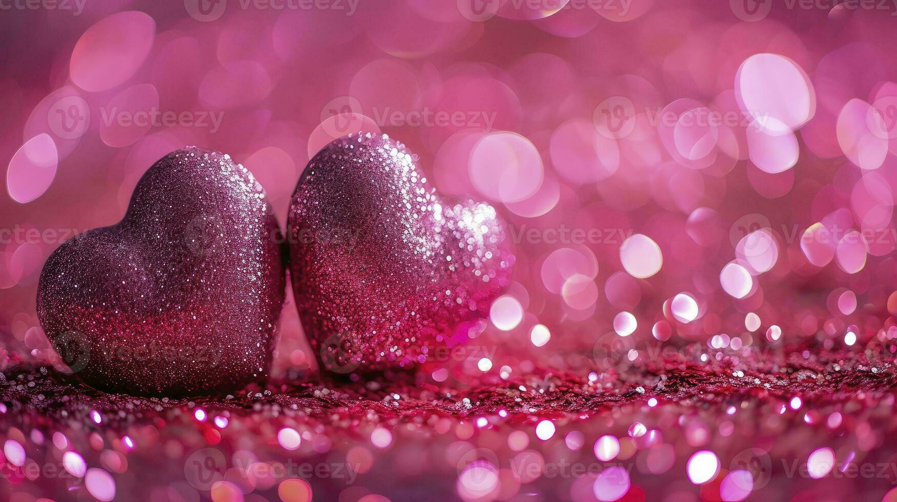 AI generated Two Hearts On Pink Glitter In Shiny Background - Valentine's Day Concept photo