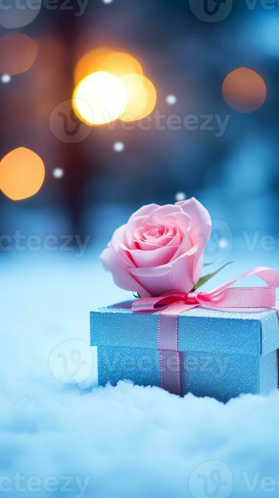 AI generated Pink rose and a blue gift box with white bow. Happy Valentine's Day greeting card concept. AI generated image photo