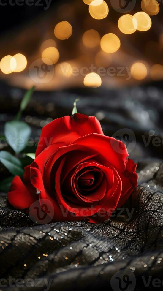 AI generated Red rose on the silk bedsheet. Happy Valentine's Day greeting card concept. AI generated image photo