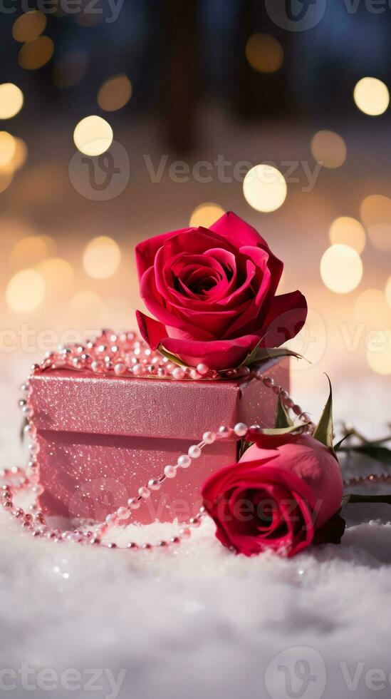 AI generated Pink rose and a red velvet jewellery box. Happy Valentine's Day greeting card concept. AI generated image photo