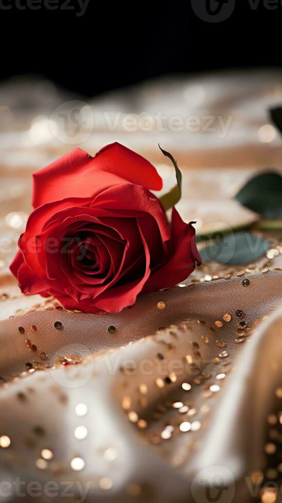 AI generated Red rose on the silk bedsheet. Happy Valentine's Day greeting card concept. AI generated image photo