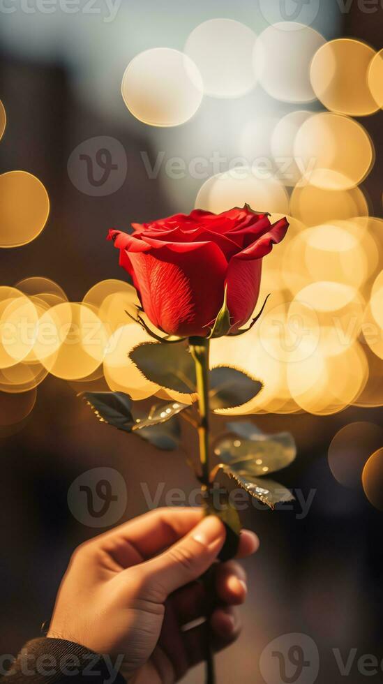 AI generated Man hand holding a rose, soft champagne color background with bokeh. Happy Valentine's day card concept. AI generated image photo