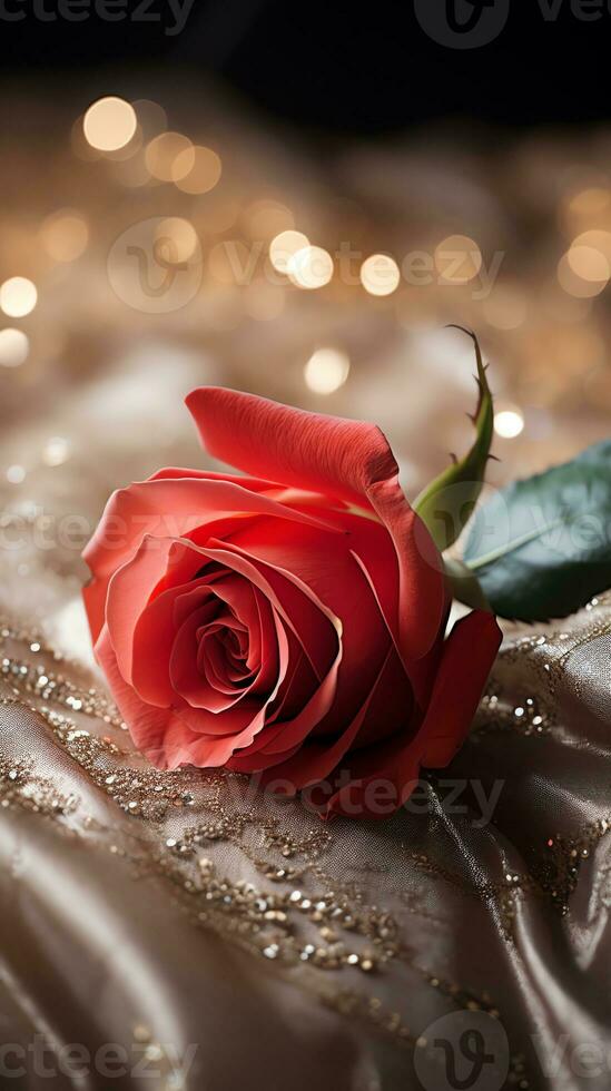 AI generated Red rose on the silk bedsheet. Happy Valentine's Day greeting card concept. AI generated image photo