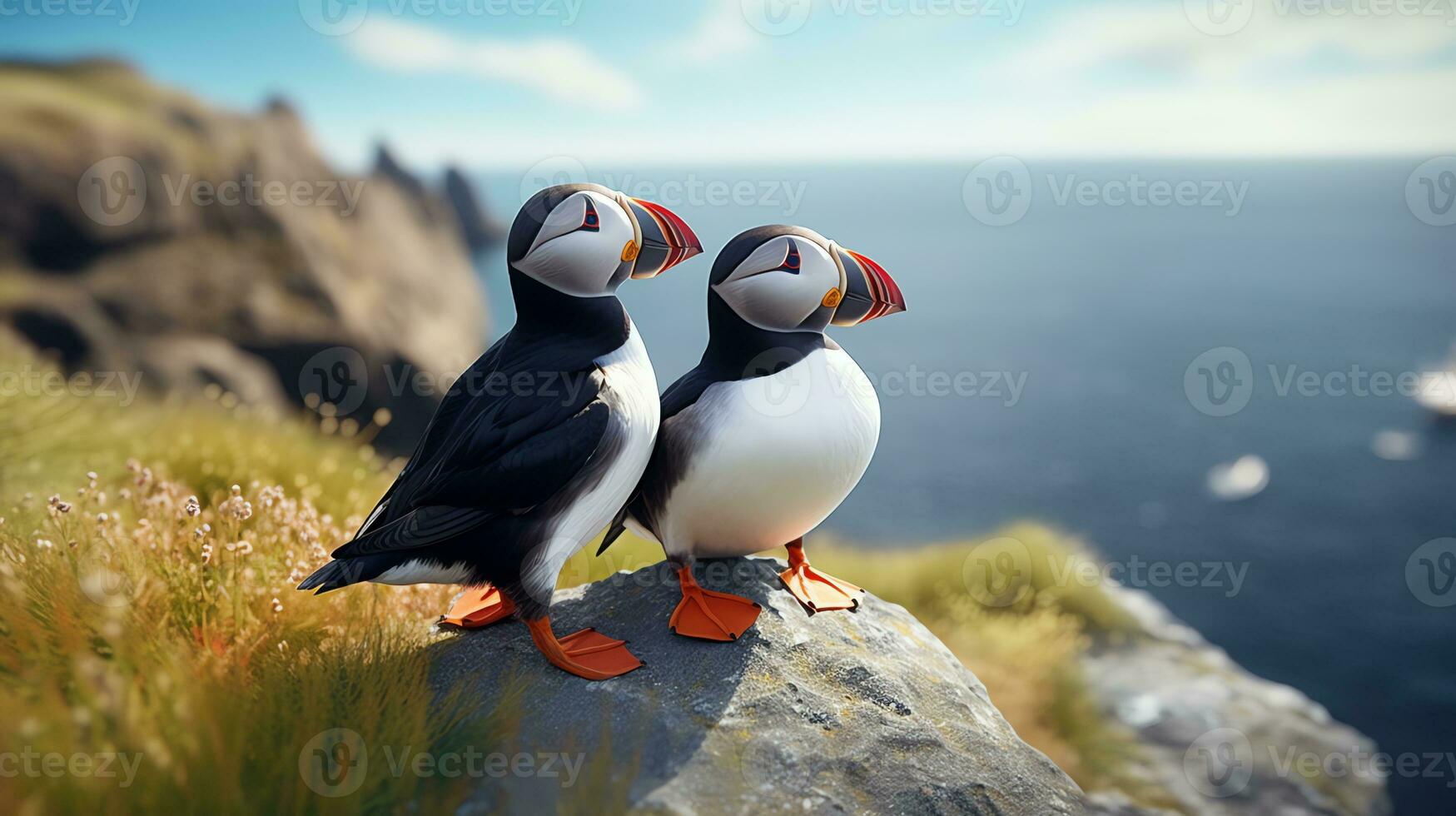 ai generado dos súper linda frailecillos pájaro Pareja en amor. ai generado imagen foto