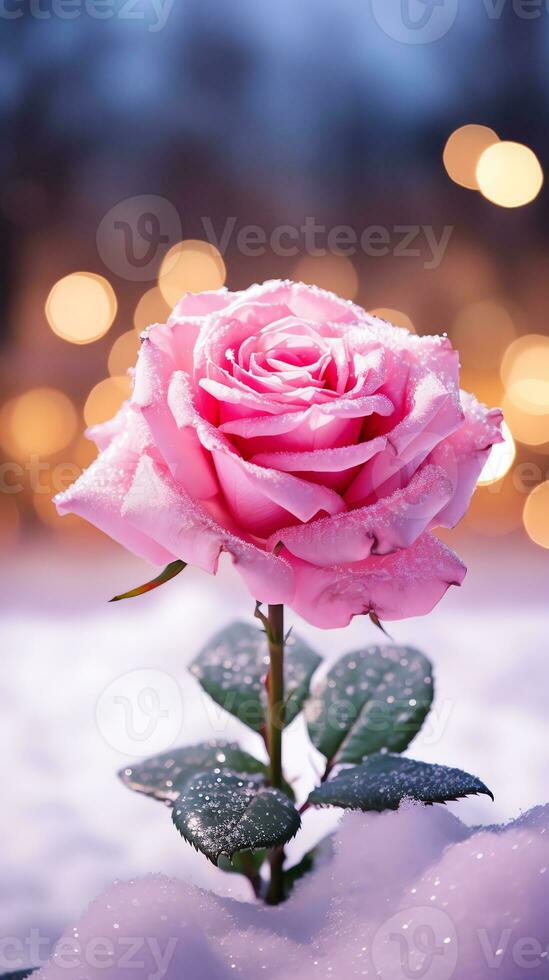 AI generated Pink rose and a red velvet jewellery box. Happy Valentine's Day greeting card concept. AI generated image photo
